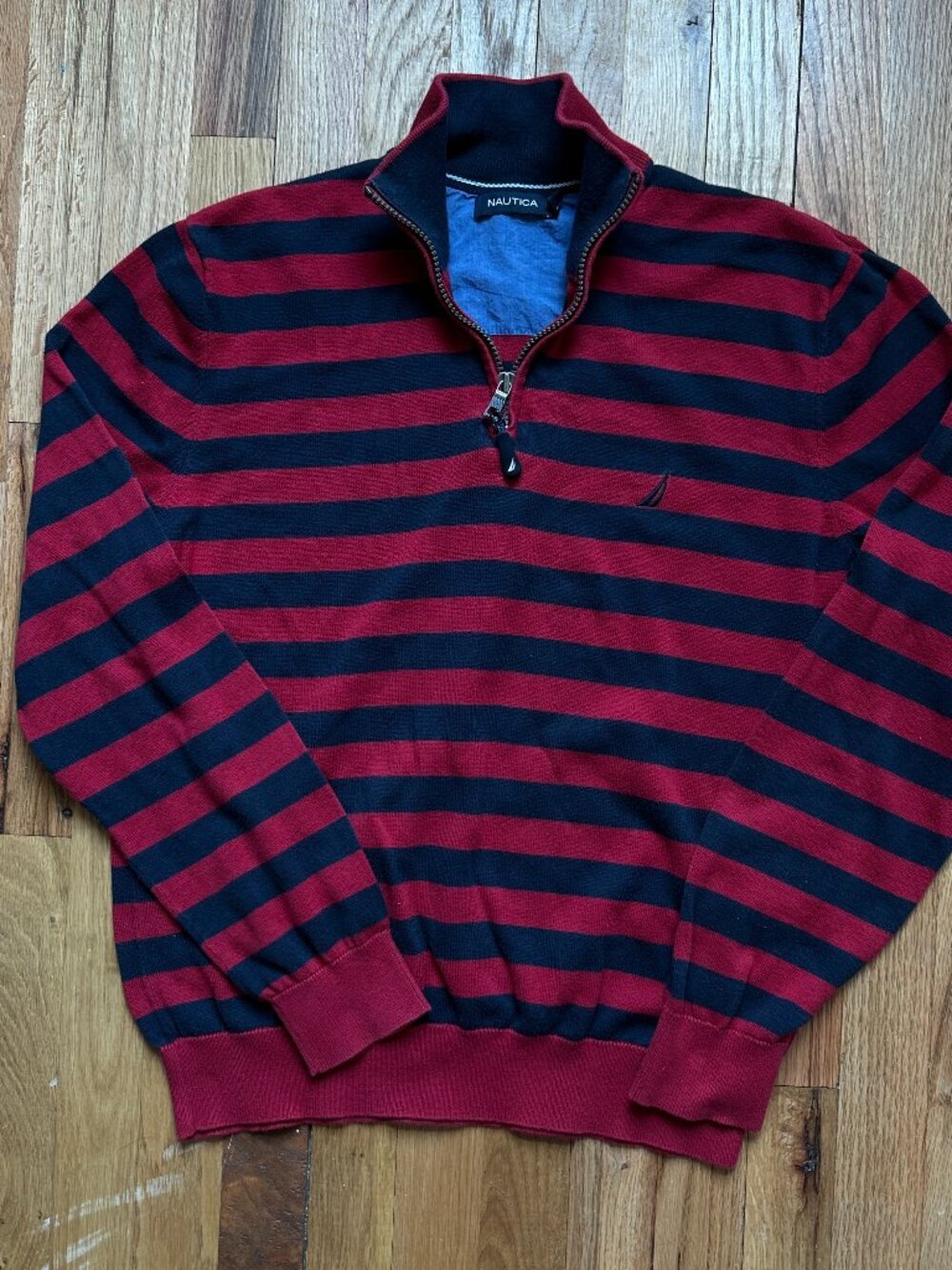 Nautica Men's 1/4 Zip Knit Pullover Sweater Collared Solid Beige/Blue L